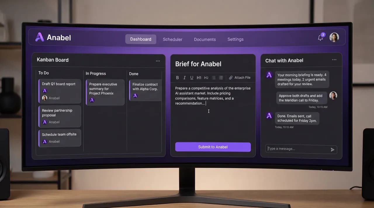 Anabel AI dashboard with project kanban, briefing editor, and chat