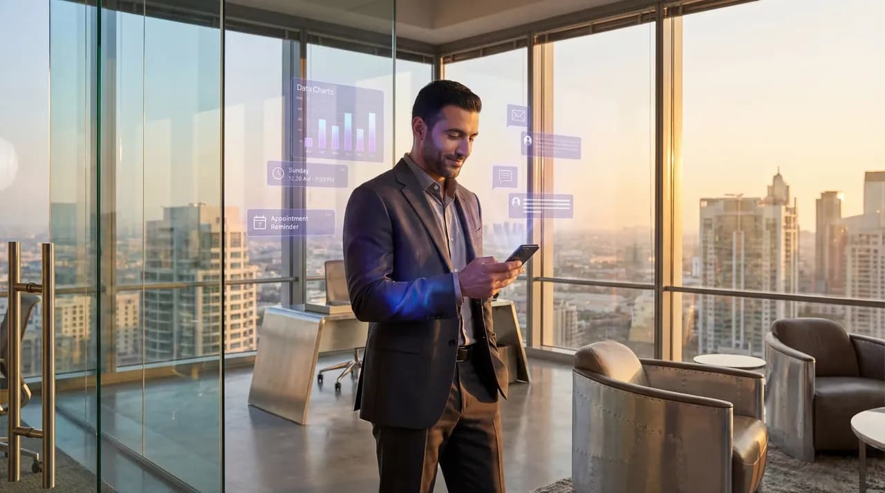 Executive using Anabel AI assistant with holographic data visualisations