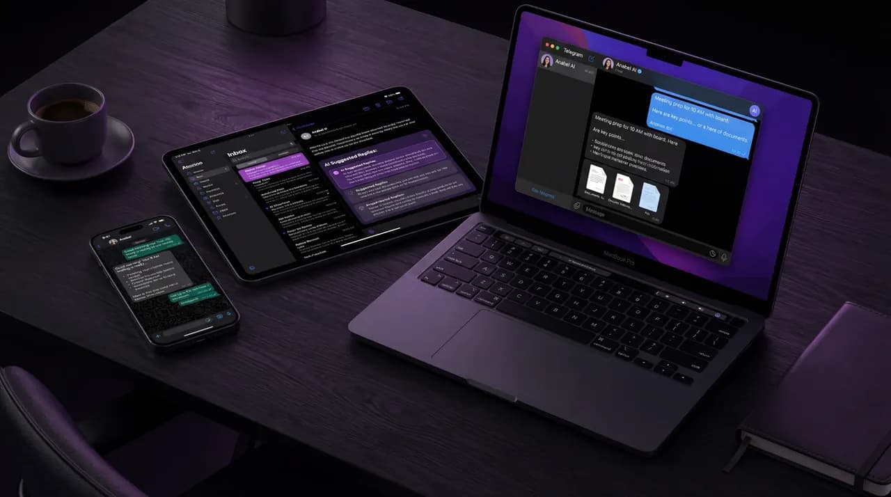Anabel accessible on WhatsApp, email, and Telegram across phone, tablet, and laptop